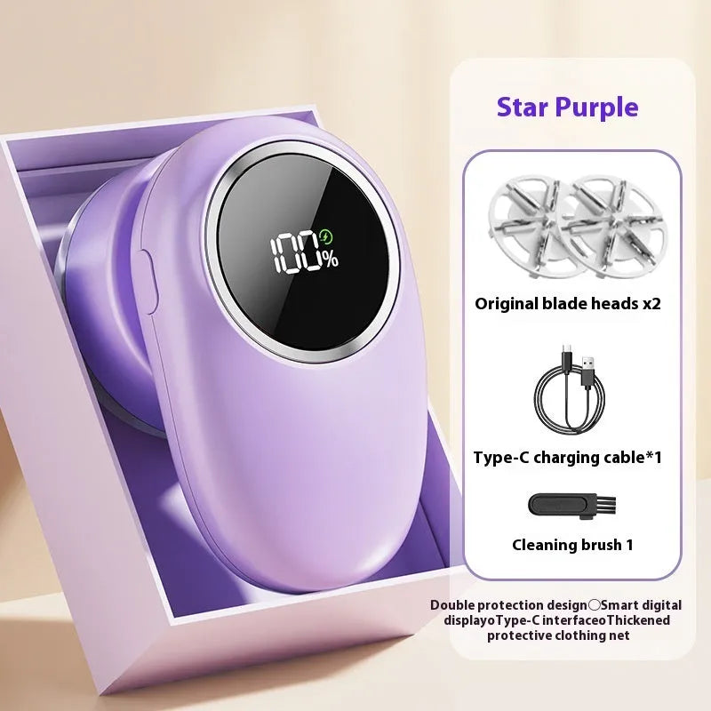 Beige and purple digital display USB rechargeable fur ball trimmer with multiple cutter head options.