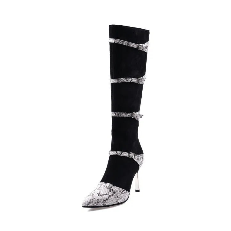 Grey and black women's knee-high boots with a thin high heel on a rubber sole