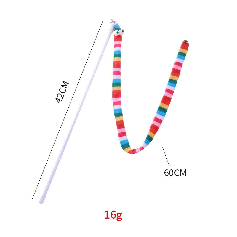 Cat wand toy with polycarbonate handle and long plush strip in vivid colours for interactive cat play