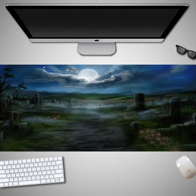 Oversized Halloween-themed gaming mouse pad with non-slip base on a desk.