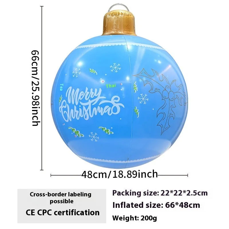 Large red inflatable Christmas ball with flash lights, shown with manual pump, for garden decoration.