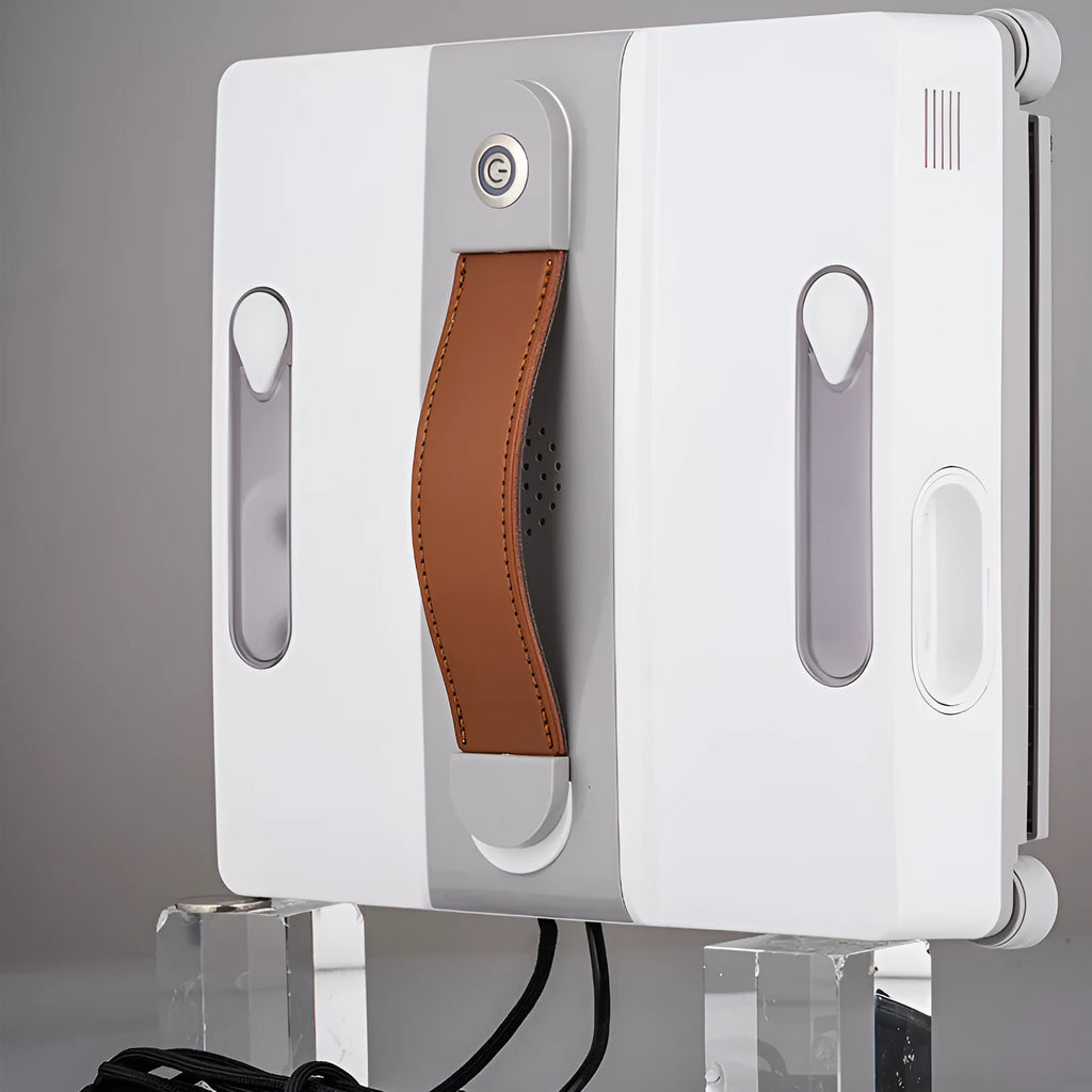 White electric window cleaning robot for high-rise automated glass washing with app control