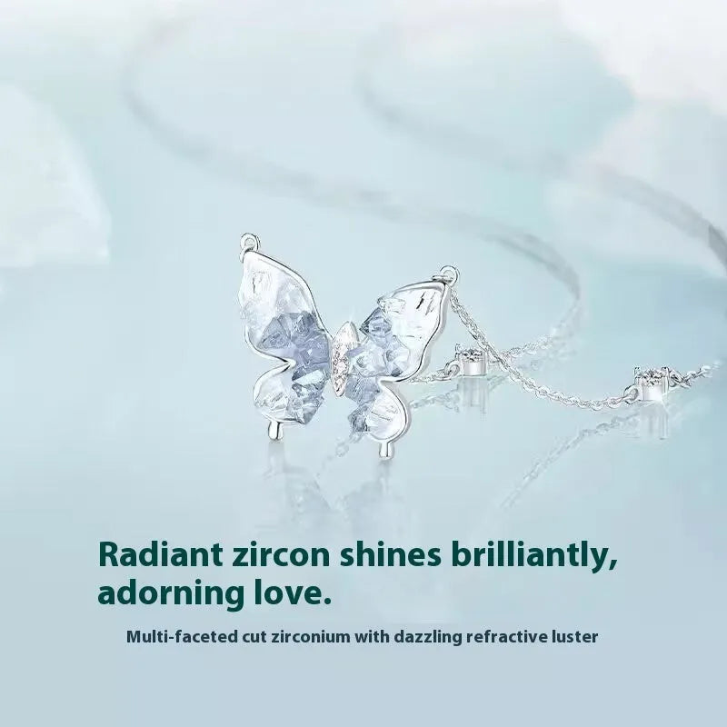 S925 silver butterfly necklace with ice rain pendant on an adjustable 41-50cm O-ring chain.