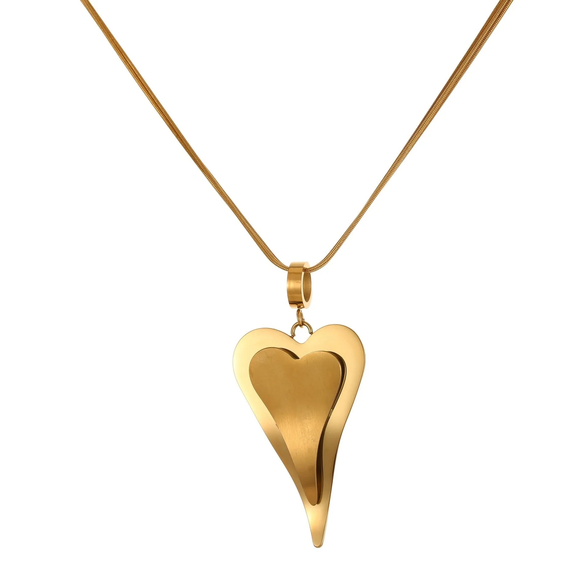 Stainless steel double heart snake bones chain necklace with geometric pendant in gold or steel colour