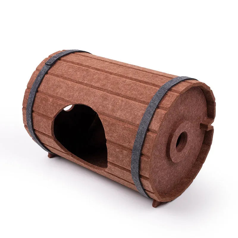 Wine barrel shaped DIY cat bed made from three grey felt pieces with binding straps