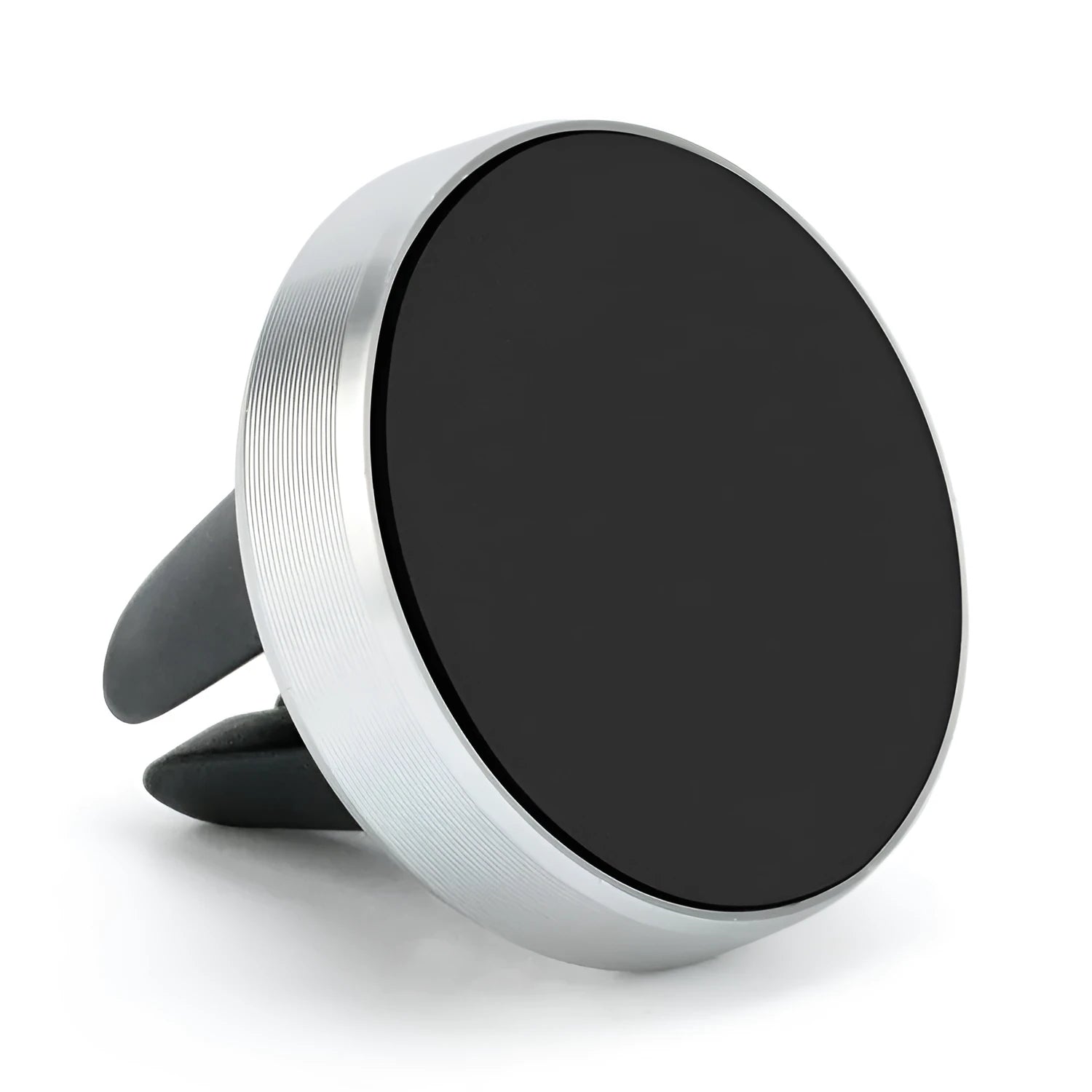 Magnetic car phone holder attached to a vehicle air vent, showing phone mounted and 360-degree rotation.