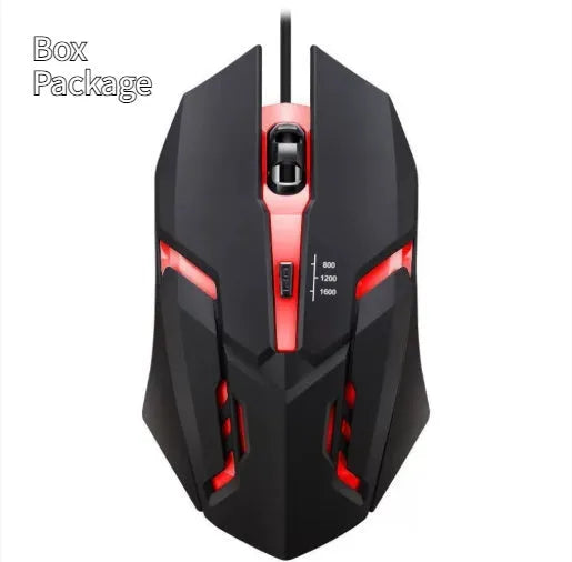 Wired USB gaming mouse with colourful breathing light, black four-button design, and 1.2 metre cable