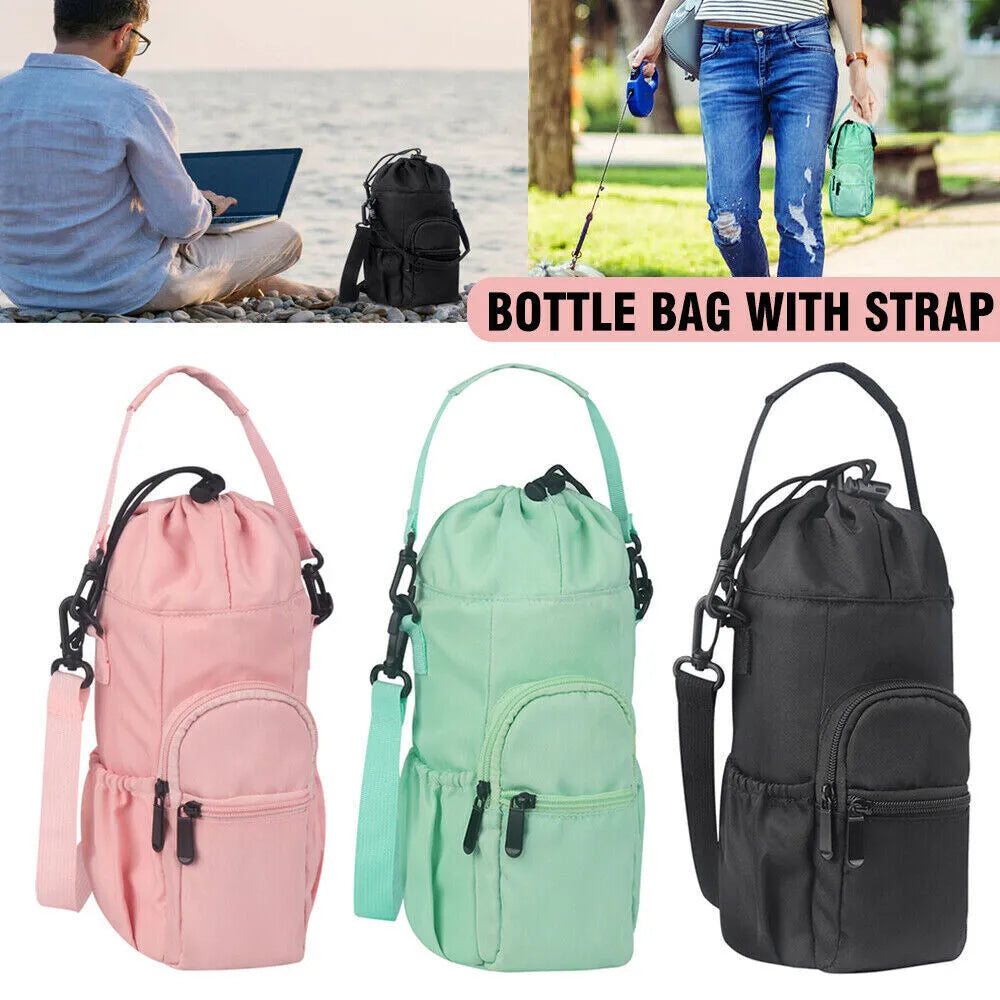 Cloth water bottle pouch with crossbody shoulder strap in black, green or pink colour