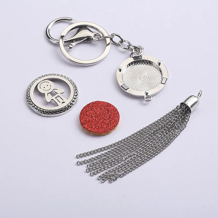 Alloy tassel aromatherapy car pendant with circular box design and chain for rear-view mirror