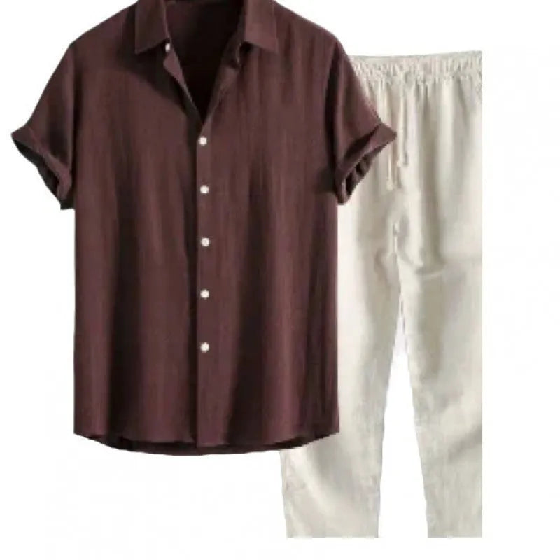 Men's casual loose fit short sleeve shirt and trousers suit in linen-look fabric.
