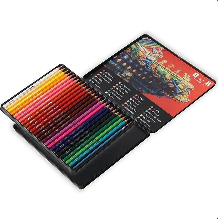 24 water-soluble coloured pencils in metal tin box measuring 21cm by 18cm