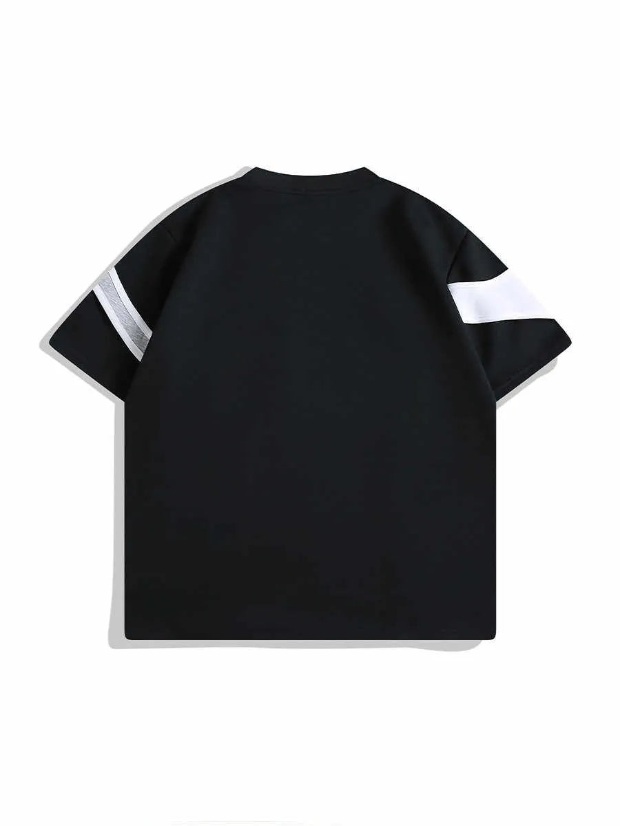 Men's black loose fit t-shirt with round neck, short sleeves, and padded shoulders showing double stitching detail