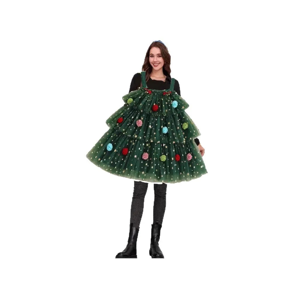 Green mesh polka dot Christmas tree pattern dress with colourful ball decorations and a multi-layer tiered skirt.