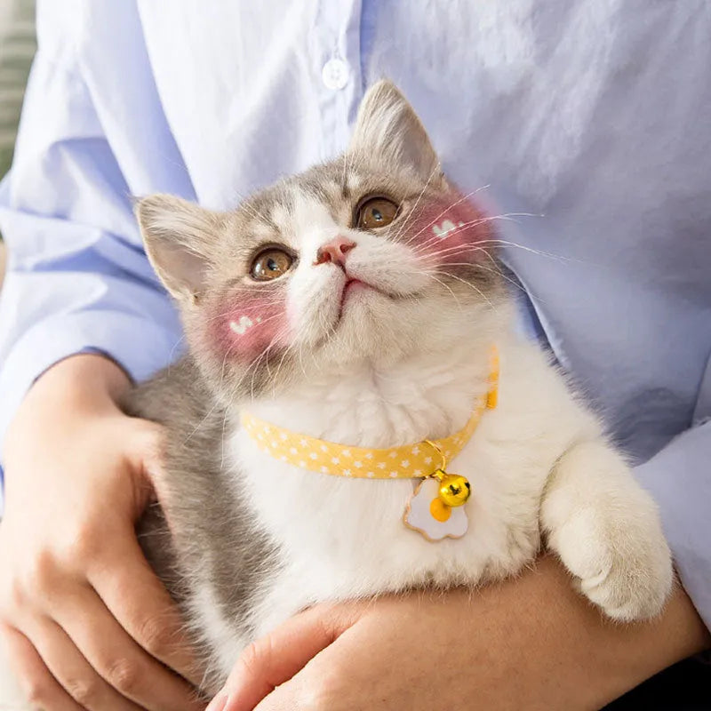 Adjustable cat collar with metal bell pendant and fabric bow tie in three colour options