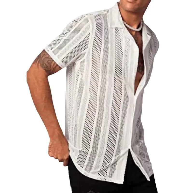 Man modelling a black short-sleeved knitted button shirt with jacquard texture