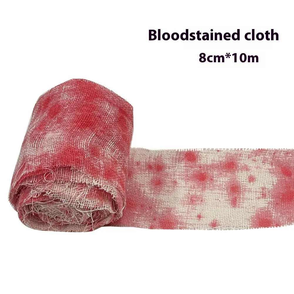 Roll of red polyester horror bandage with bloody print for Halloween decorations and costumes.