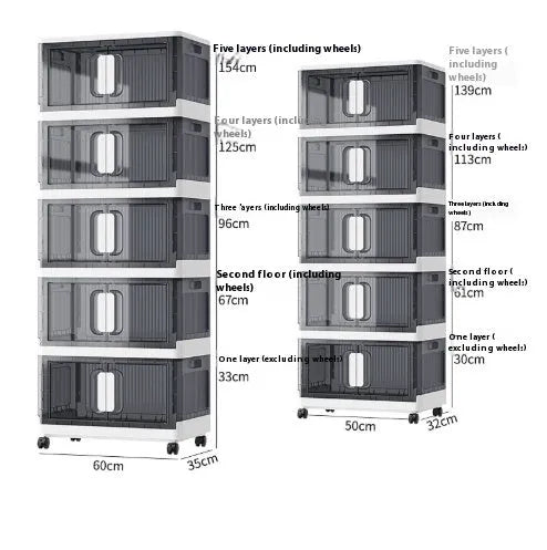 Foldable clothes storage locker with wheels in grey colour showing layered compartments for household organisation