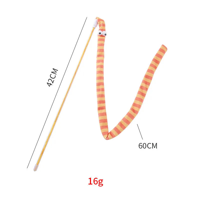 Cat wand toy with polycarbonate handle and long plush strip in vivid colours for interactive cat play