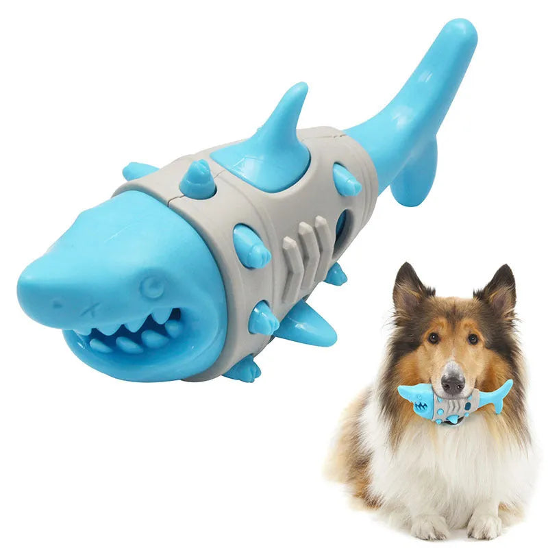 Blue, grey, and yellow dog chew toy with shark-tooth texture design.
