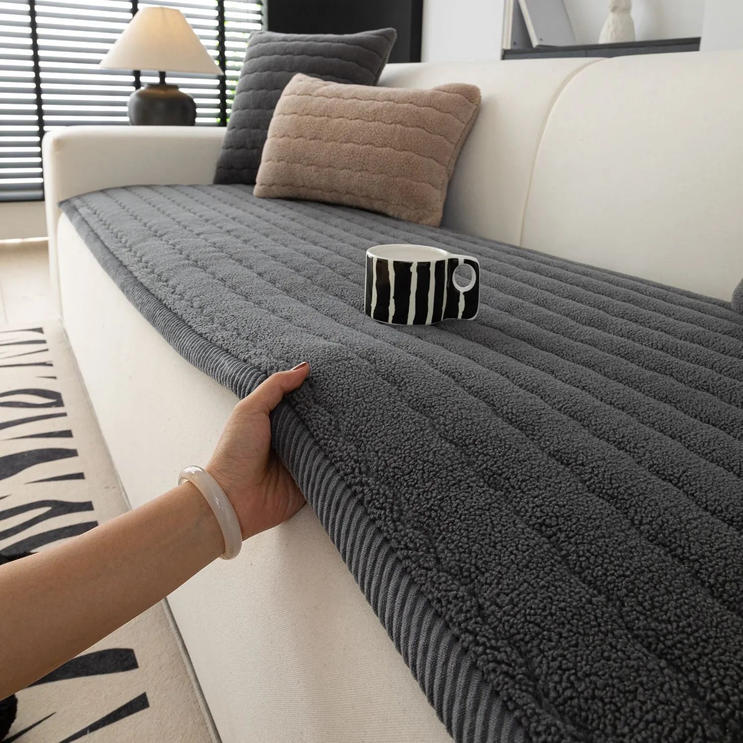 Lambswool thickened non-slip plush sofa cushion in solid colour, available in 70x150cm size