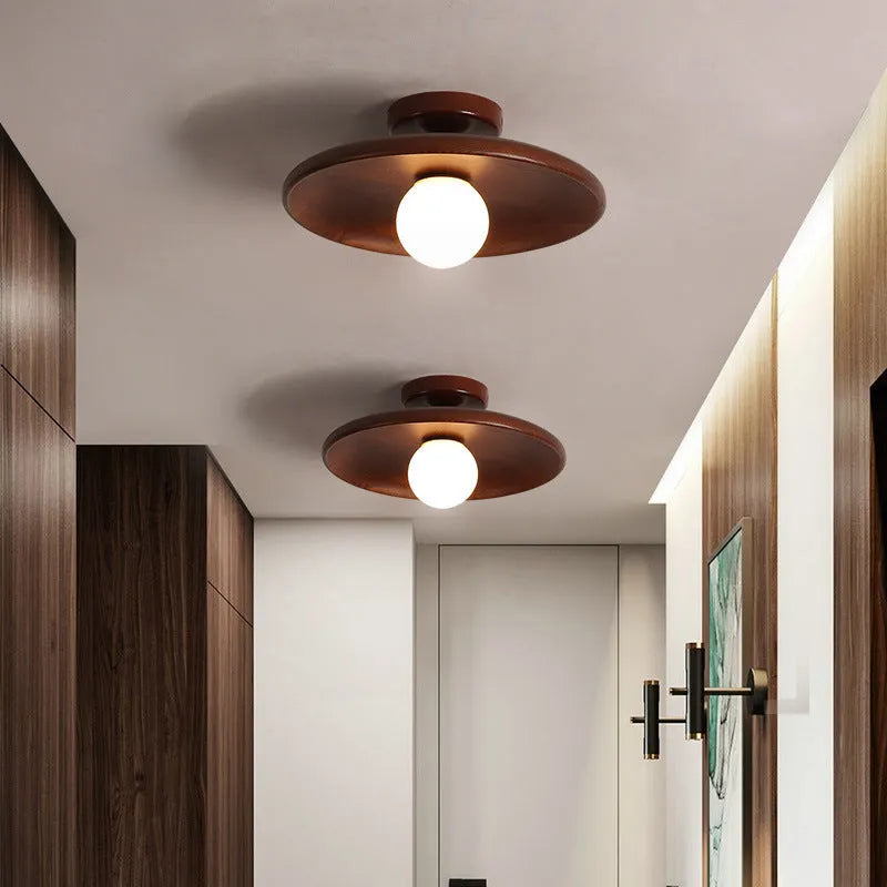 Solid wood modern minimalist ceiling lamp with glass shade in wood colour or walnut colour finishes