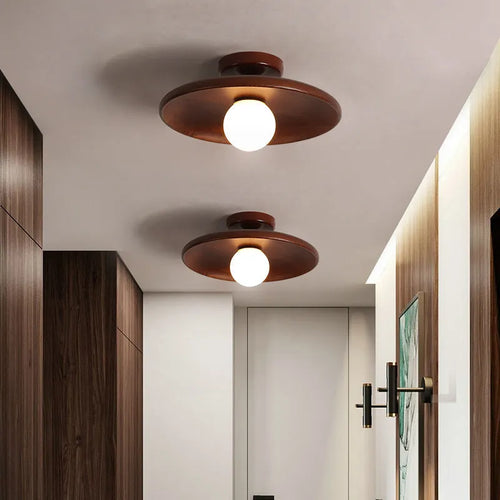 Solid wood modern minimalist ceiling lamp with glass shade in wood colour or walnut colour finishes