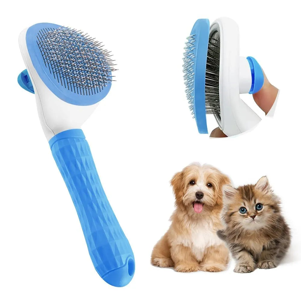 Cat brush with release button in blue, grey, or pink colour for pet hair removal