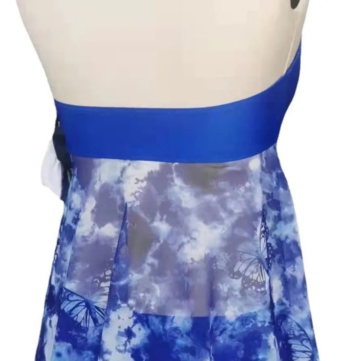 Blue women's bikini swimsuit in a briefs style, showing front view on a mannequin.