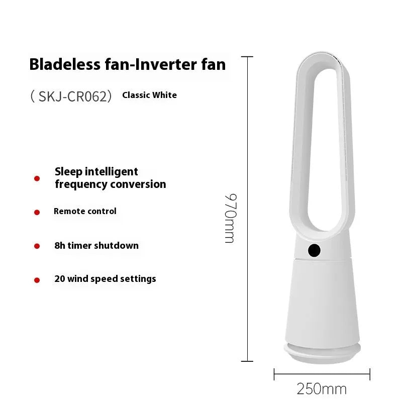 White bladeless tower floor fan with USB port and touch screen controls on a sleek column.