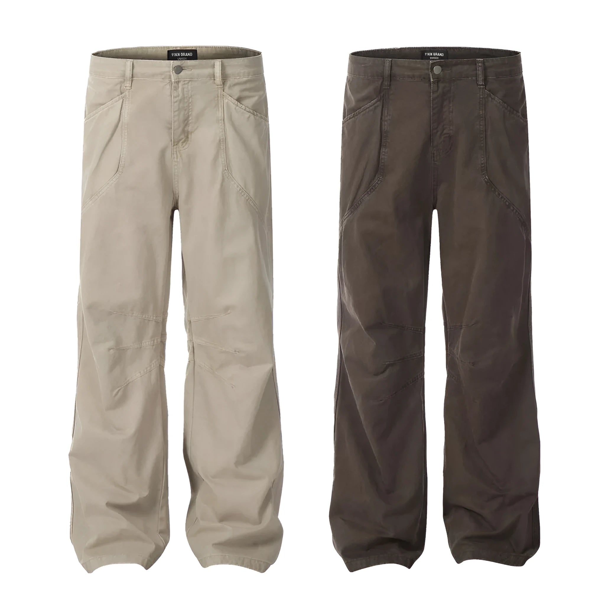 Men's brown straight-leg cotton trousers showing high-waist design and traditional straight-leg silhouette