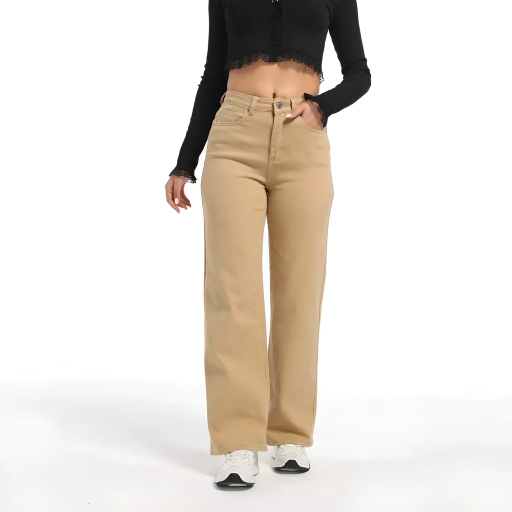 Women's high-waisted wide leg straight jeans in apricot and khaki colours on a model.