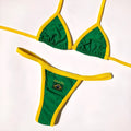Women's polyester bikini set with T-back bra and shorts in blue, green, and yellow colours