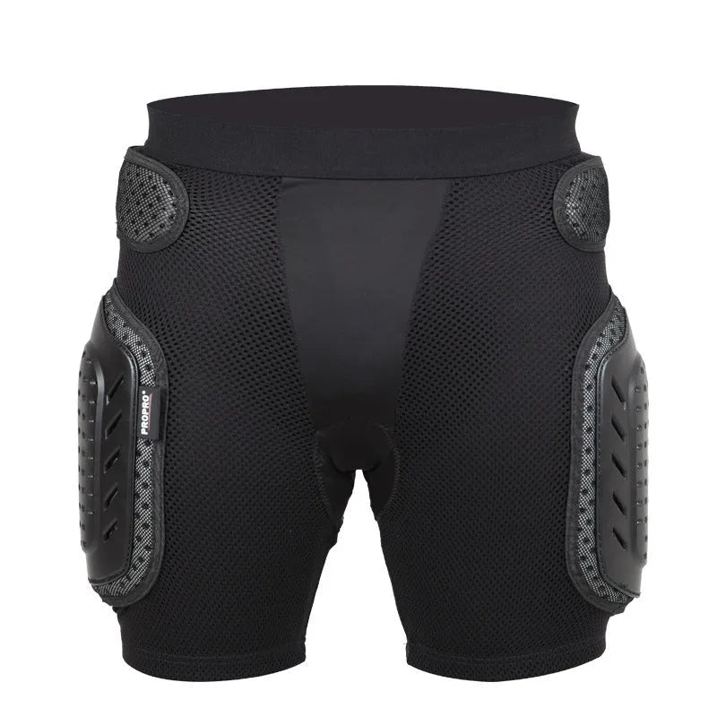 A pair of black cycling hip pad protective pants for sports, showing the integrated hip protection area.