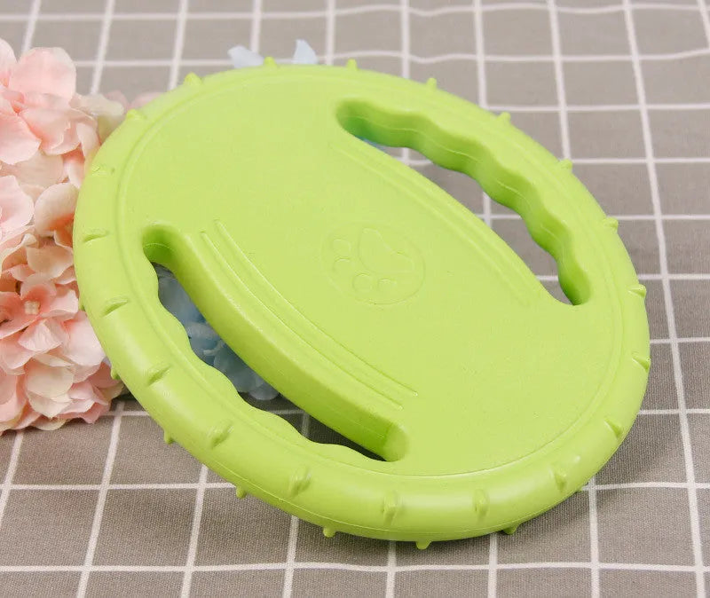 Dog training set with plastic frisbee and bite ring in orange and green colours on grass