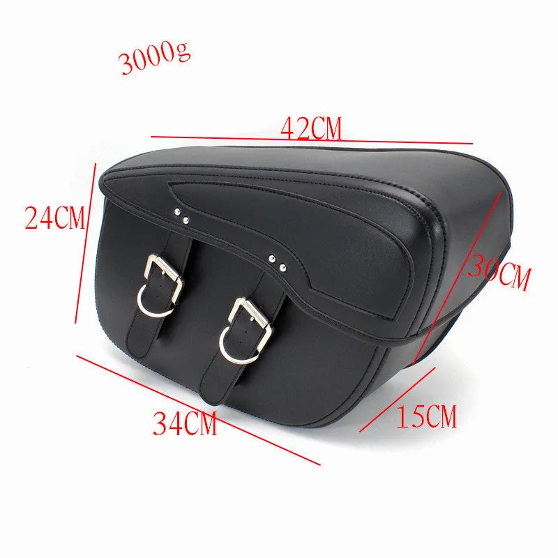 Black retro style motorcycle saddle bag made of PU leather mounted as a side box.