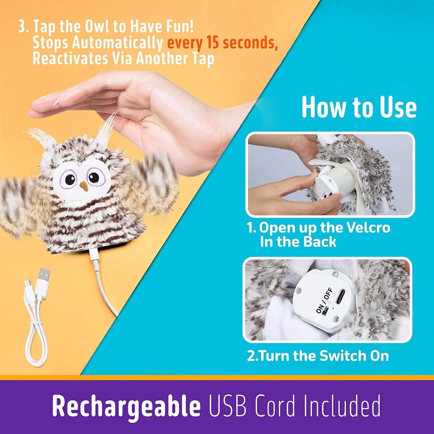 Grey rechargeable automatic owl cat toy with flapping wings for indoor cats