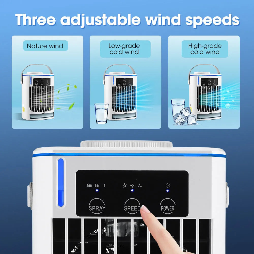 New mini air cooler with USB power, humidification spray fan, and three speed settings on a desk