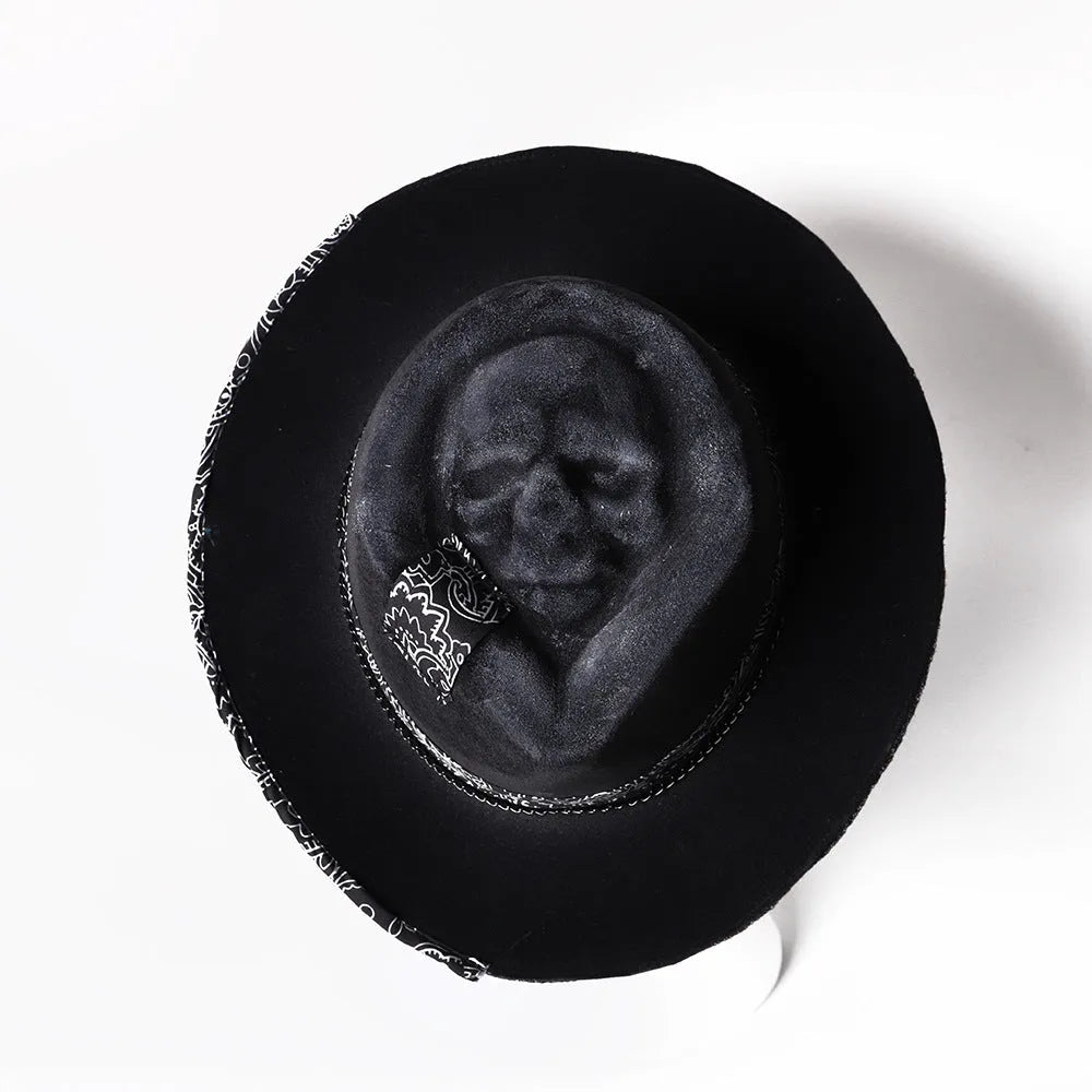 Handmade wool skull hat with conical crown and embroidered design