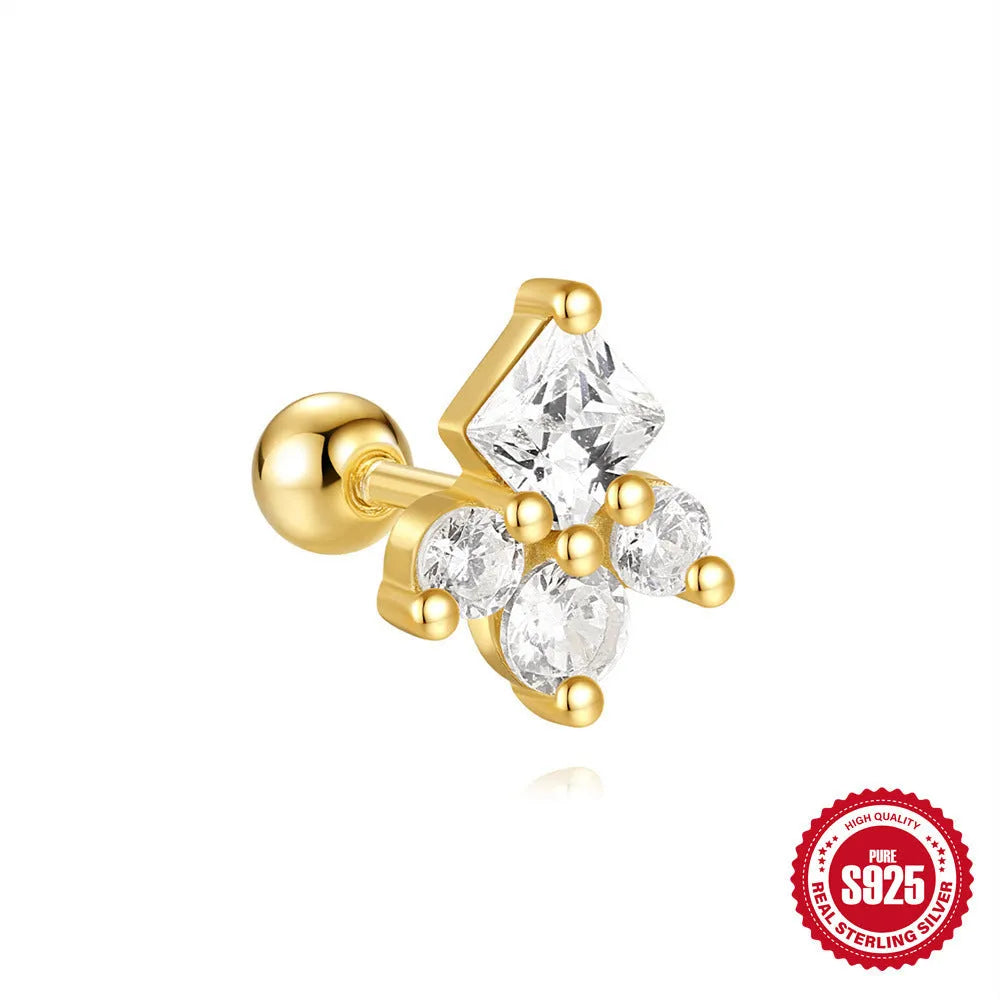 S925 sterling silver square gravel flower stud earrings with electroplated golden finish