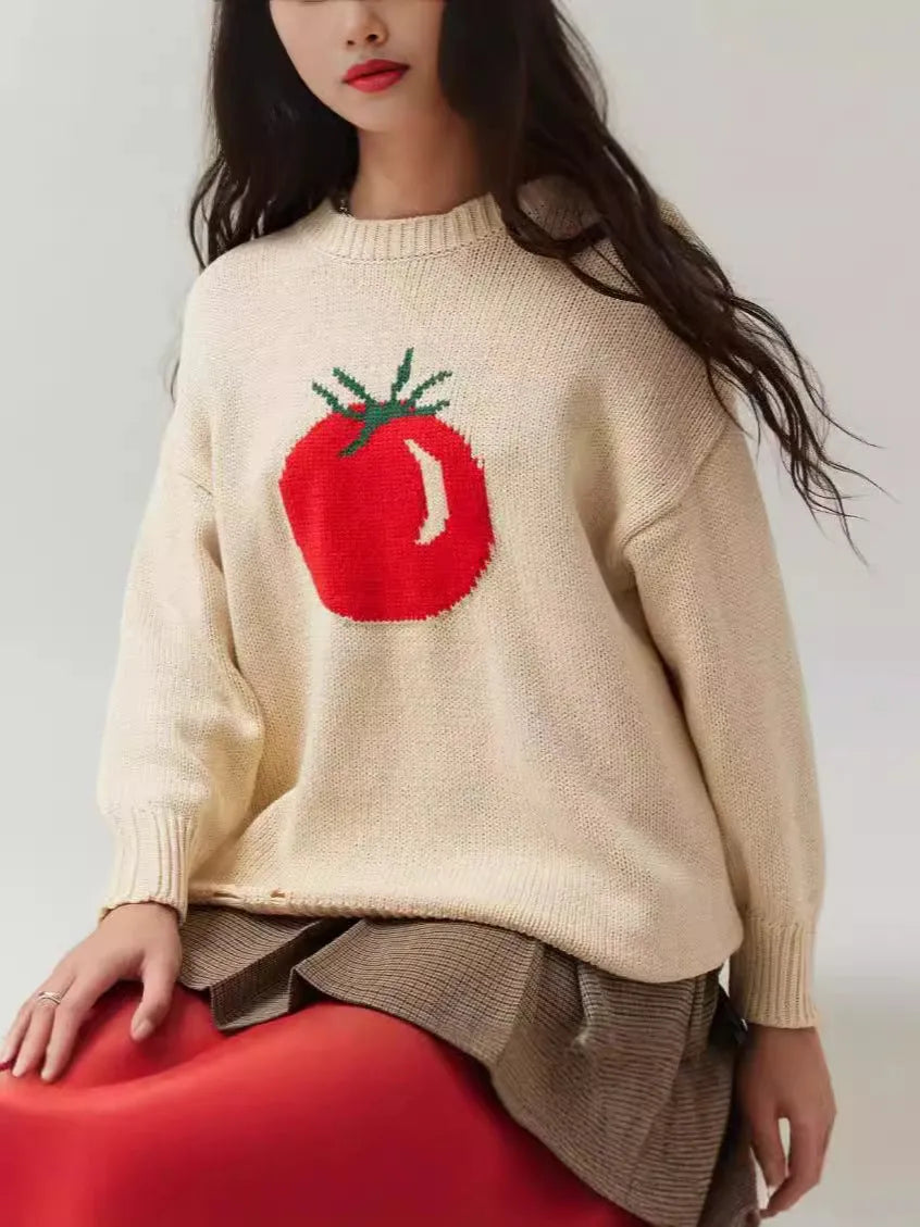 Women's loose-fit acrylic jacquard knit sweater with round neck and long sleeves in milky white