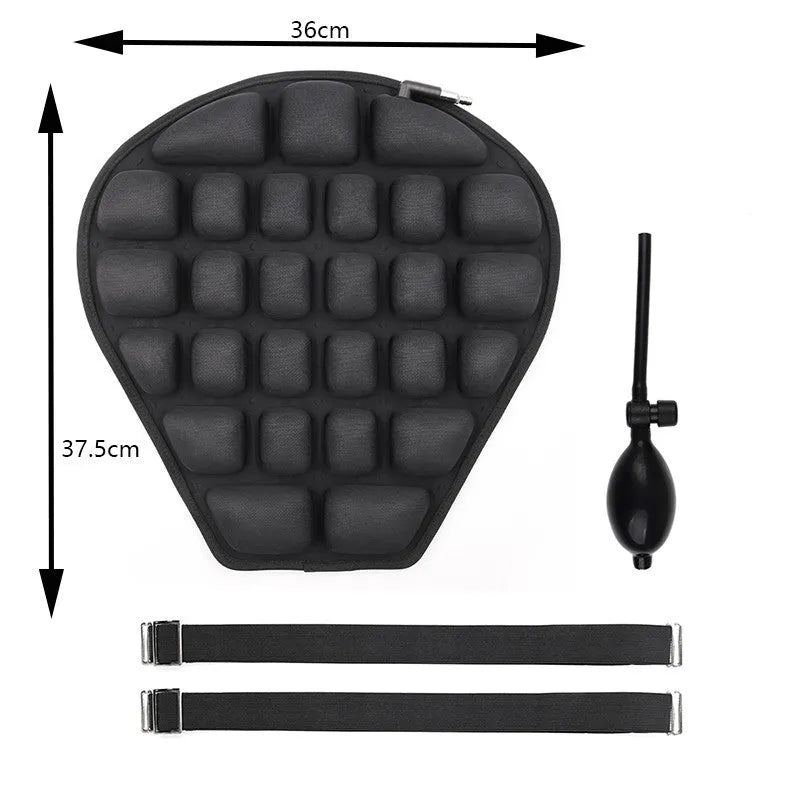 Jiusong Starry Black inflatable motorcycle seat cushion with 3D airbag, 355x385mm, shows PU leather and strap attachment