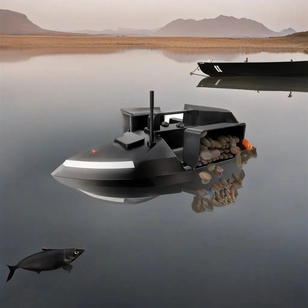 Black and luminous yellow remote control fishing boat with GPS antenna and LED light on bow.