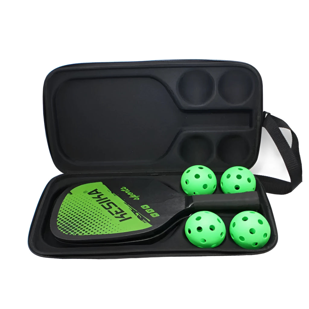 Black EVA pickleball racket carrying case with shoulder straps, showing size and storage for one racket and four balls.