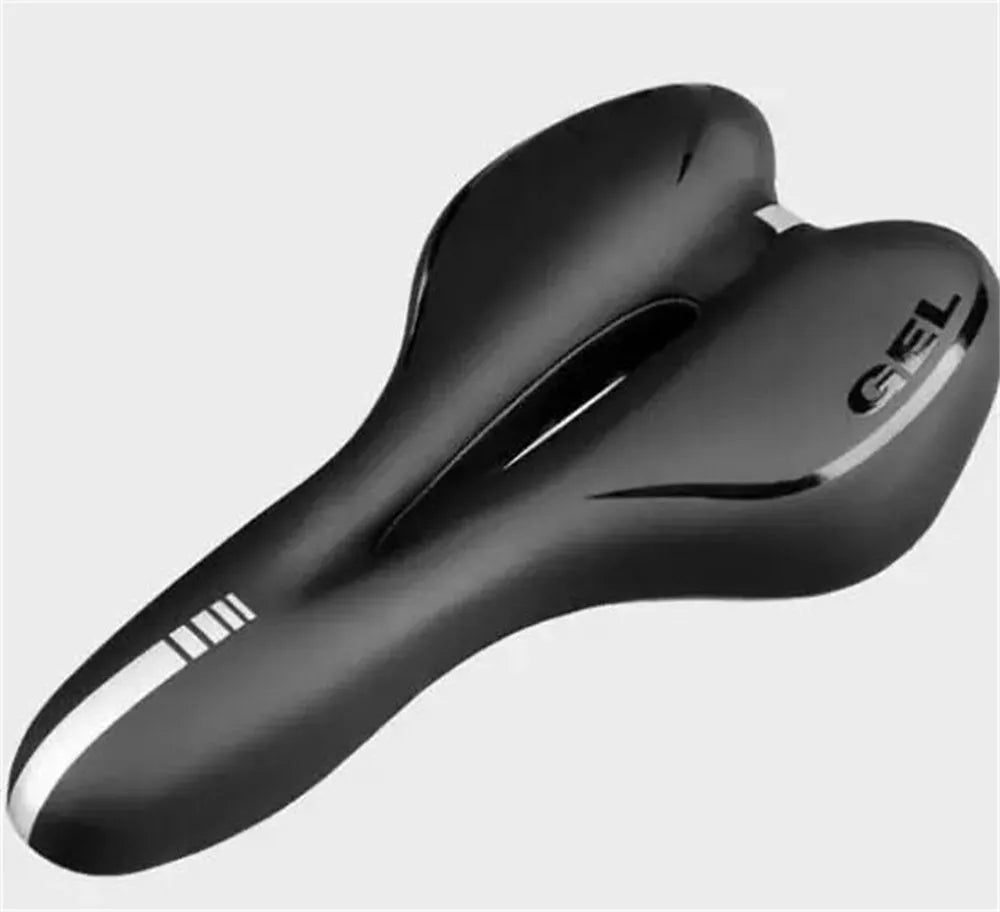Bicycle saddle cushion with PU leather cover, shown with waterproof cover, wrench, and tire patch kit.