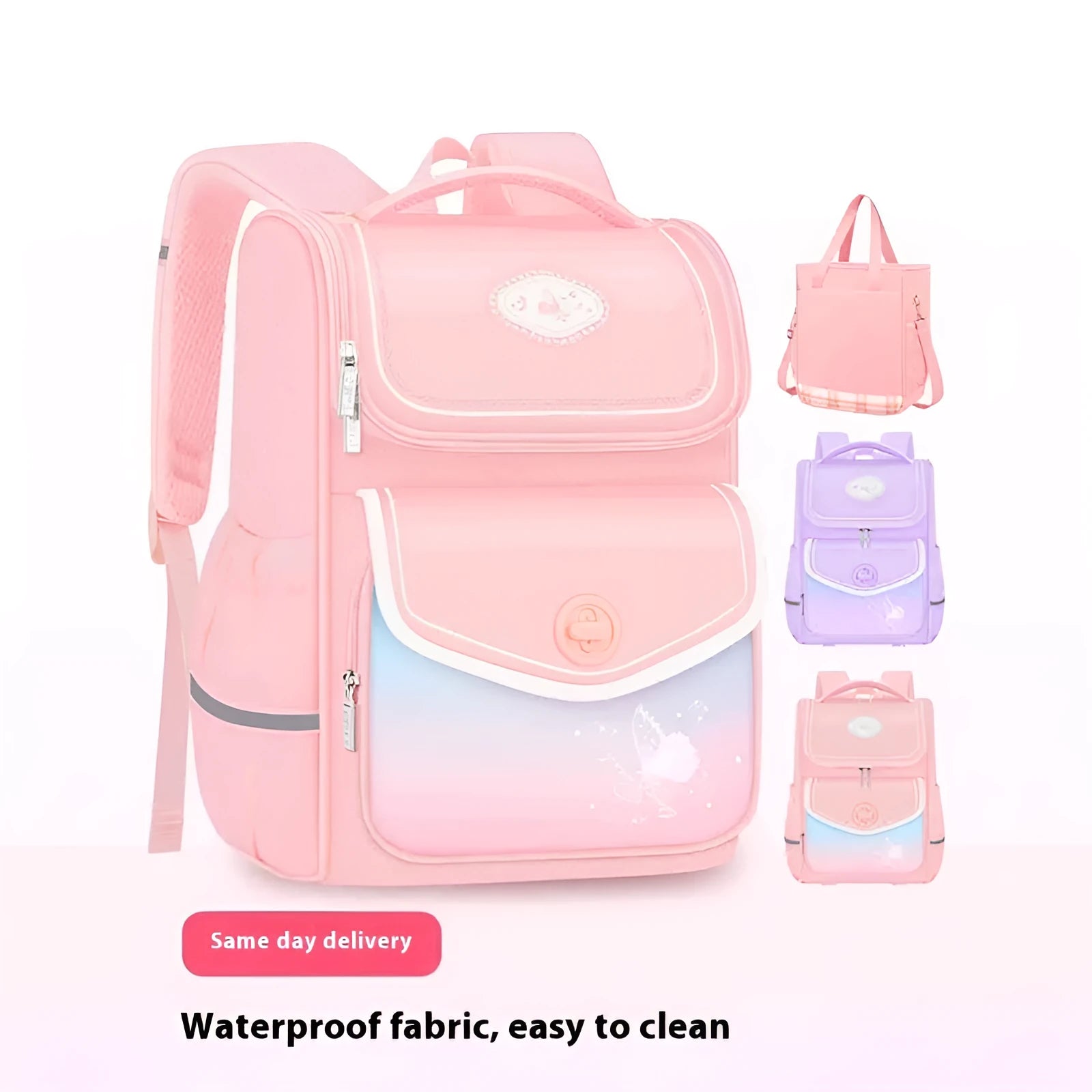 Pink girls' schoolbag for primary school years 1-6 with large capacity and waterproof Oxford cloth.