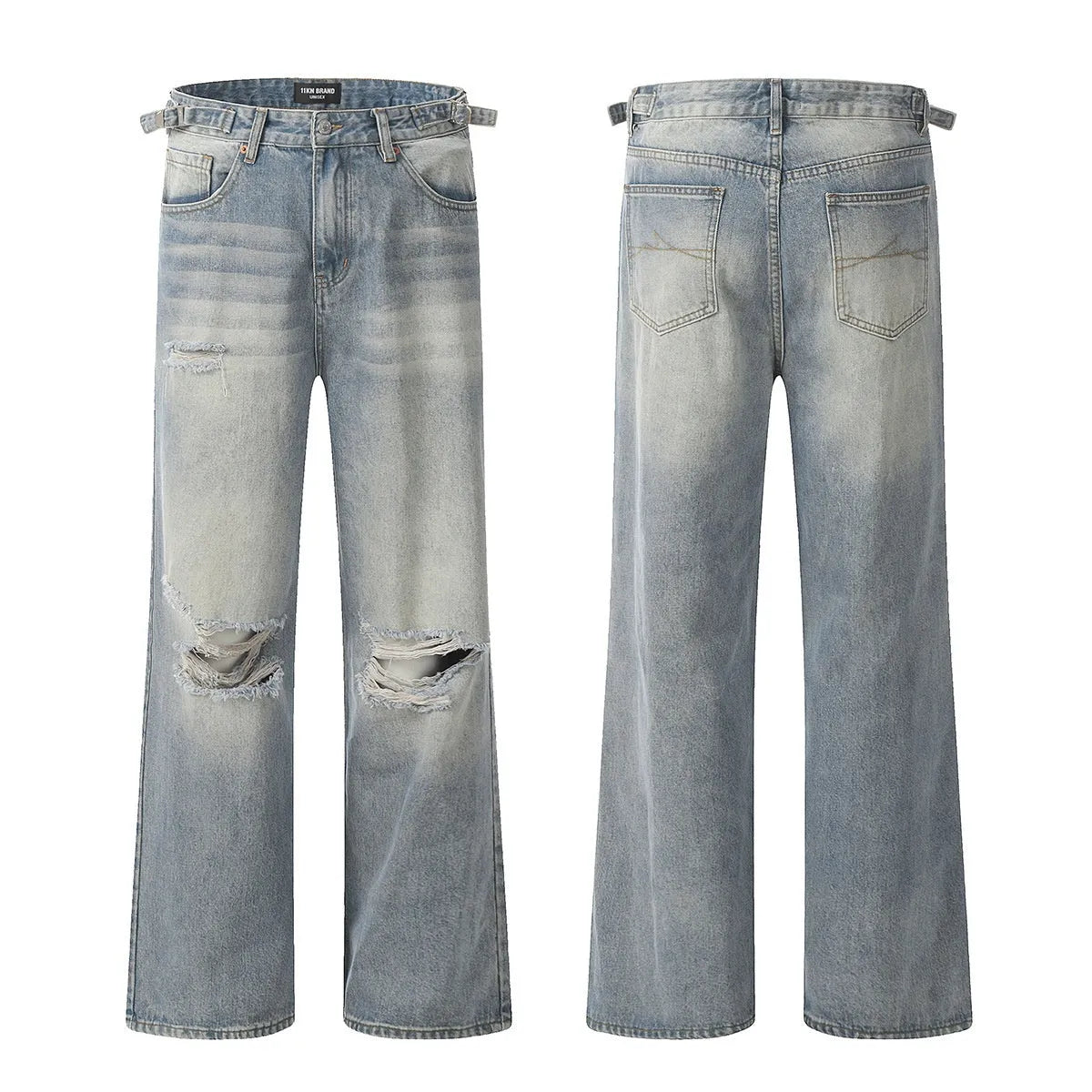 Men's blue straight-leg jeans with retro ripped detailing and an adjustable waistband