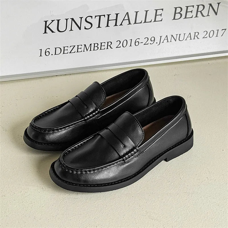 Men's slip-on casual loafers in microfiber leather, shown in black, beige, apricot, and brown colour options.