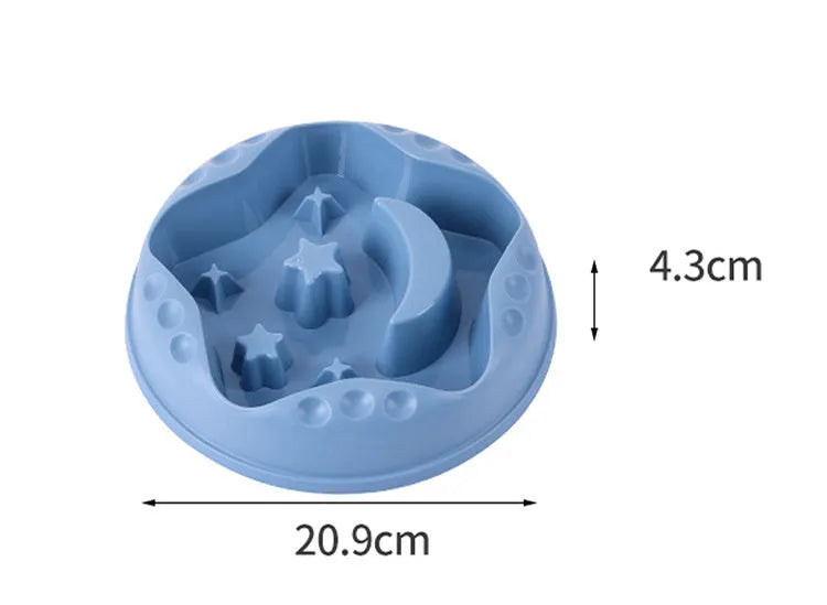 Moon and star design slow feed dog bowl in blue colour with non-slip silicone base