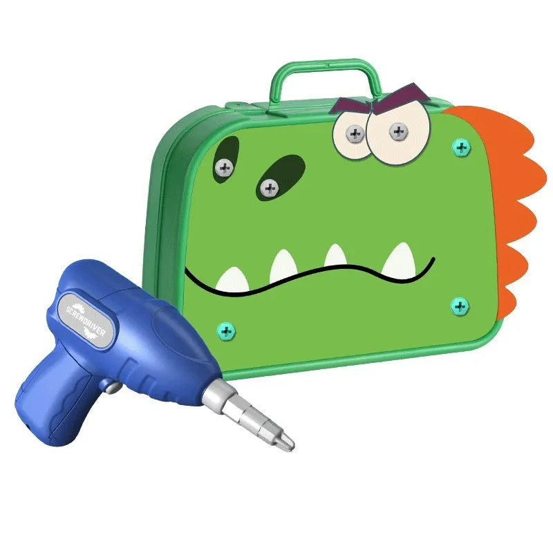 Children's screw puzzle toy with electric drill and plastic screws in a colour box, Big Dinosaur theme