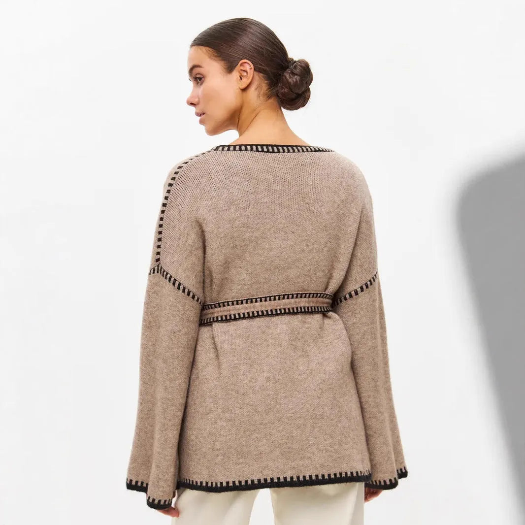Lace-up front knitted cardigan in black camel or white colours with loose fit and long sleeves